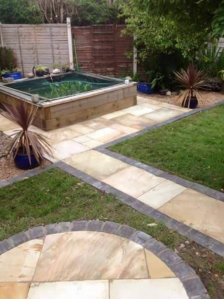 square raised pond with wood surround